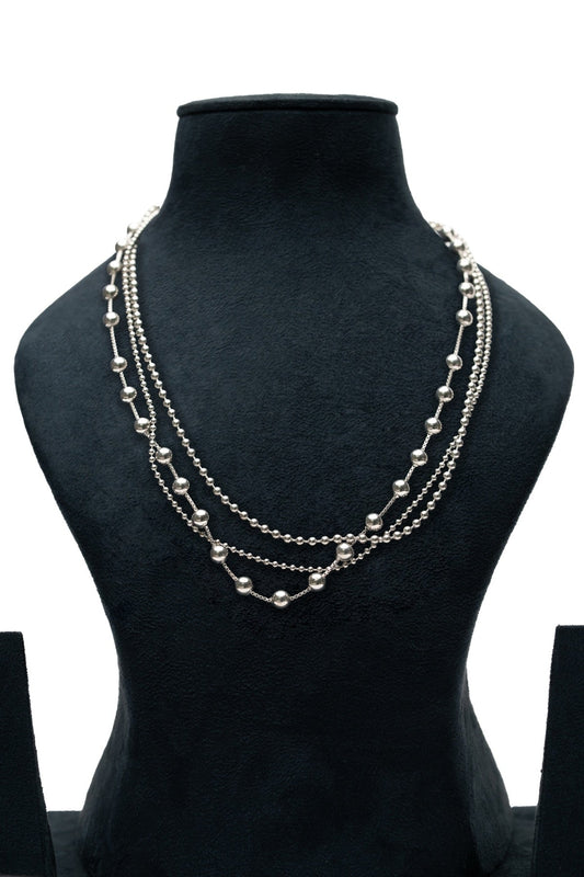 Dense Bead Layer Necklace – silver triple-layer necklace with continuous medium sphere beads